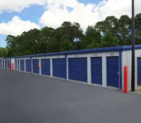 a row of blue and white lockers