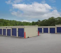 a row of blue and white storage containers