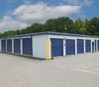 a building with blue doors