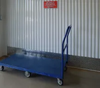 a blue cart with wheels