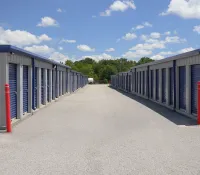 a row of white and blue containers