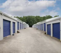 Row of storage units with blue roll-up doors on both sides under cloudy sky and trees in the background