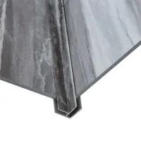Close-up of gray vinyl flooring panels with a connecting joint for seamless installation on white background
