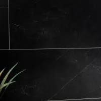 Close-up of black marble tiles with white veining and thin grout lines, next to green plant leaves.
