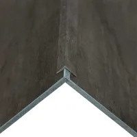 Close-up of two dark wood textured panels joined at a 90-degree corner with metal edge trim.