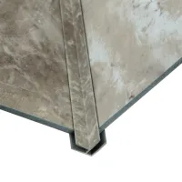 Close-up of two beige textured tiles joined by a matching grout strip forming a clean corner edge.