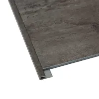 Gray vinyl floor plank with an edge profile designed for seamless locking installation.