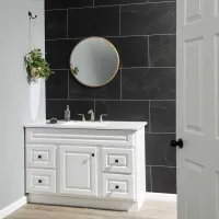 Modern bathroom vanity with white cabinet, round mirror, black tile wall, and hanging plant on side wall.