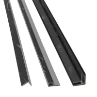 Three black marble-patterned metal trim profiles with different cross-sectional shapes on a white background.