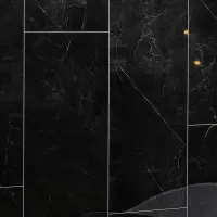 Glossy black marble wall with white veining and tile grout lines, reflecting subtle light spots.