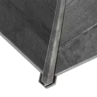 Close-up of dark gray metal corner joint with visible weld marks and textured surface isolated on white background.