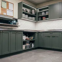 Modern kitchen with green cabinetry, stainless steel refrigerator, white subway tile backsplash, and organized shelves.