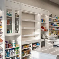 Well-lit store counter with candy bars, cleaning supplies, medications, and gift card displays on shelves