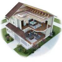 Cutaway view of a two-story house showing HVAC ductwork and airflow circulation in living and bedroom areas.