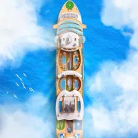Top-down view of a cruise ship sailing through blue ocean waters surrounded by clouds and flying birds.