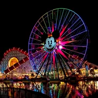 Night view of a brightly lit Mickey Mouse Ferris wheel and roller coaster with colorful reflections on water.