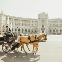 Horse-drawn carriage with tourists passing in front of a grand historic European palace in bright daylight