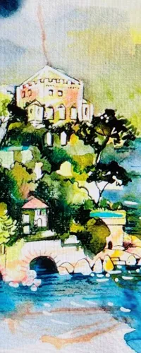 Watercolor painting of a coastal villa surrounded by greenery overlooking a blue sea with boats and rocky shore.