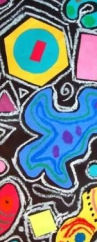 Colorful abstract shapes and geometric patterns with bold outlines on a dark background in a vibrant modern art style