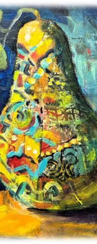 Colorful abstract painting of a pear with vibrant geometric and organic patterns on a blue and yellow background.
