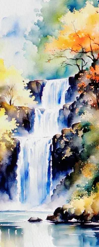 Watercolor painting of a vibrant autumn forest with a cascading waterfall and reflective river below.