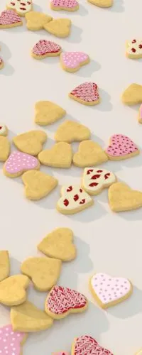 Assorted heart-shaped cookies with pink, red, and white frosting scattered on a light background.