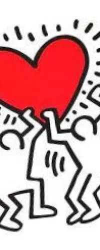 Two outlined figures holding up a large red heart with radiating lines symbolizing love and energy.