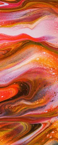 Abstract fluid painting with swirling red, orange, pink, and yellow colors creating dynamic waves and textures.