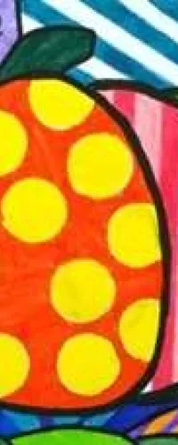 Colorful abstract pumpkin with polka dots and striped patterns on a vibrant geometric background.