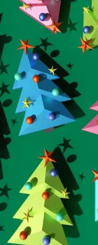 Colorful 3D paper Christmas trees with stars and baubles casting shadows on green background