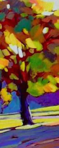 Colorful abstract painting of a tree with vibrant autumn leaves and a winding path in a bright landscape.