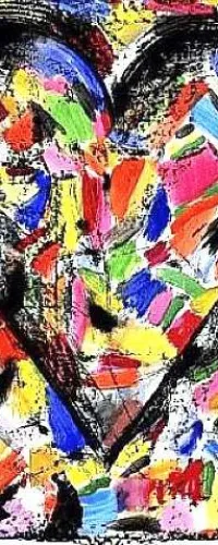 Abstract colorful heart painting with vibrant brush strokes in hues of red, blue, yellow, green, and black on a textured background.