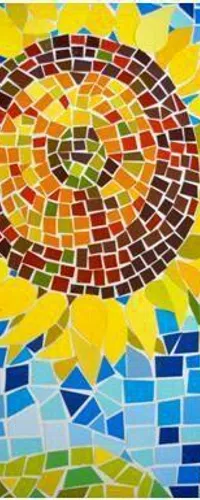 Colorful mosaic artwork of a sunflower with yellow petals and a blue background.
