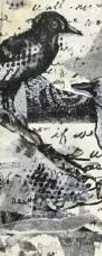 Black and white collage of two birds perched on branches with handwritten script and musical notes background.