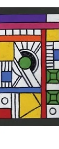 Abstract geometric artwork with colorful rectangles, squares, a green circle, and bold black lines in a black frame