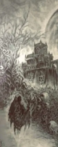 Dark eerie scene with ghostly figures, twisted trees, skulls, and a gothic castle under a full moon.