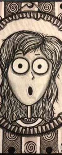 Black and white illustration of a surprised person with large eyes framed by spirals and stripes background