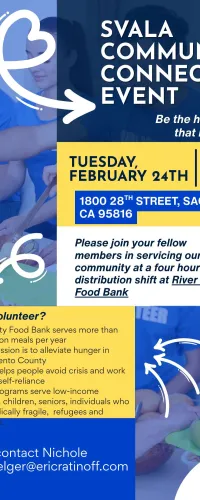 Community volunteers distributing food at River City Food Bank during SVALA Connection Event in Sacramento.
