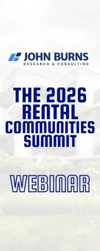 John Burns Research & Consulting promotes The 2026 Rental Communities Summit webinar with modern apartment background.