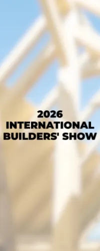 2026 International Builders' Show logo over a blurred wooden construction frame with blue sky background
