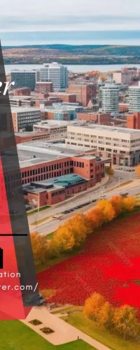 Aerial view of a city with fall foliage shaped as a maple leaf and event details for Olameter MEET 2026 booth 128