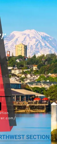Waterfront cityscape with Mount Rainier in the background promoting Olameter at PNWS-AWWA May 6-7, 2026 booth 128.