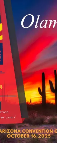 Sunset over Arizona desert cacti with Olometer and Arizona State Capitol Chapter event details for 2025.