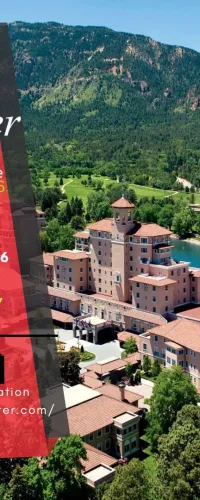 Olameter CGA Conference & Expo 2026 promotion with mountain resort background and event details on red overlay.