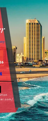 Oceanfront Atlantic City skyline with Atlantic Palace and Taj Mahal Resorts, promoting Olameter at AWWA New Jersey event.