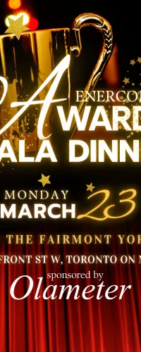 Awards Gala Dinner event details with golden trophy, stars, and red curtain background on black.