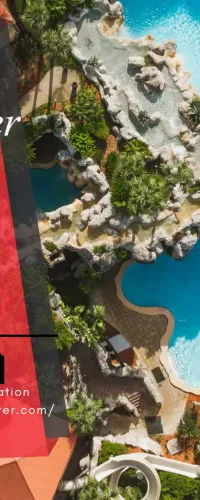 Aerial view of a resort pool area with rock formations, water slides, and shaded lounge chairs on sunny day.