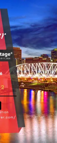 Nashville skyline at night with illuminated bridge and Olameter TechAdvantage 2026 event details overlay.