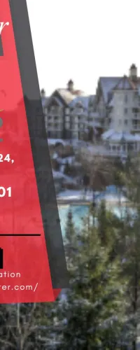 Olameter booth #301 at Ontario One Call event in October 2025, with snowy resort buildings and pine trees in the background.