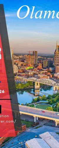 Downtown city skyline with a river and bridge promoting Olameter at Global Damage Prevention Summit booth 216 in August 2026